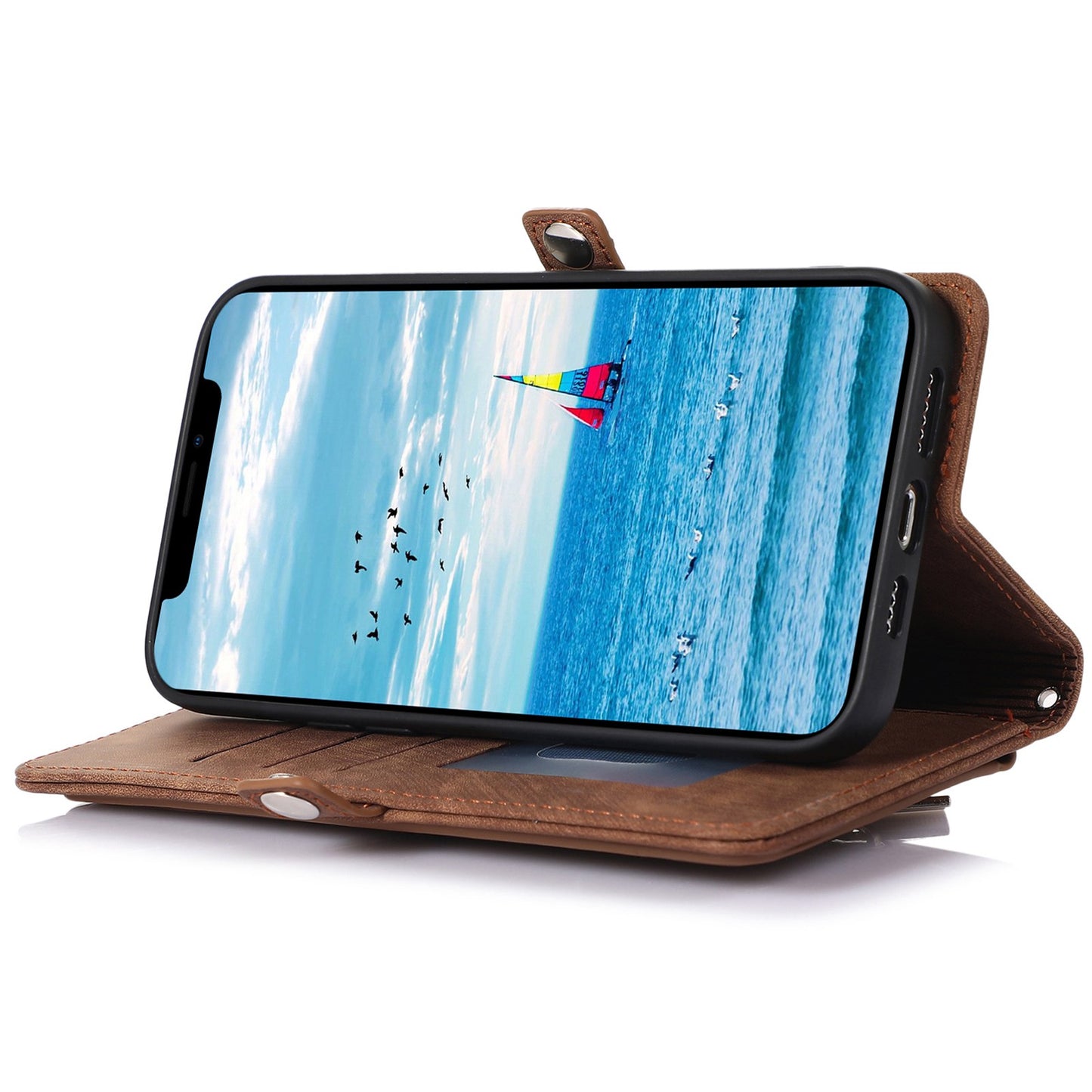 For iPhone 13 Pro 6.1 inch Zipper Pocket Wallet Flip Case 9 Card Slots PU Leather Stand Mobile Phone Shell with Wrist Strap