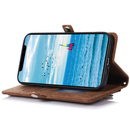 For iPhone 13 Pro 6.1 inch Zipper Pocket Wallet Flip Case 9 Card Slots PU Leather Stand Mobile Phone Shell with Wrist Strap