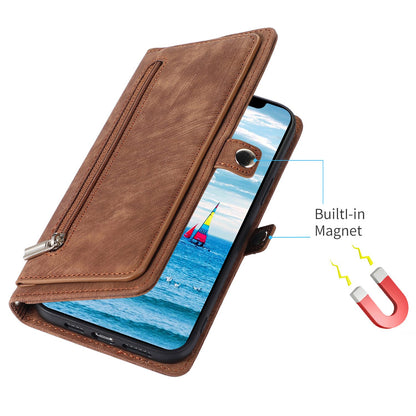 For iPhone 13 Pro 6.1 inch Zipper Pocket Wallet Flip Case 9 Card Slots PU Leather Stand Mobile Phone Shell with Wrist Strap