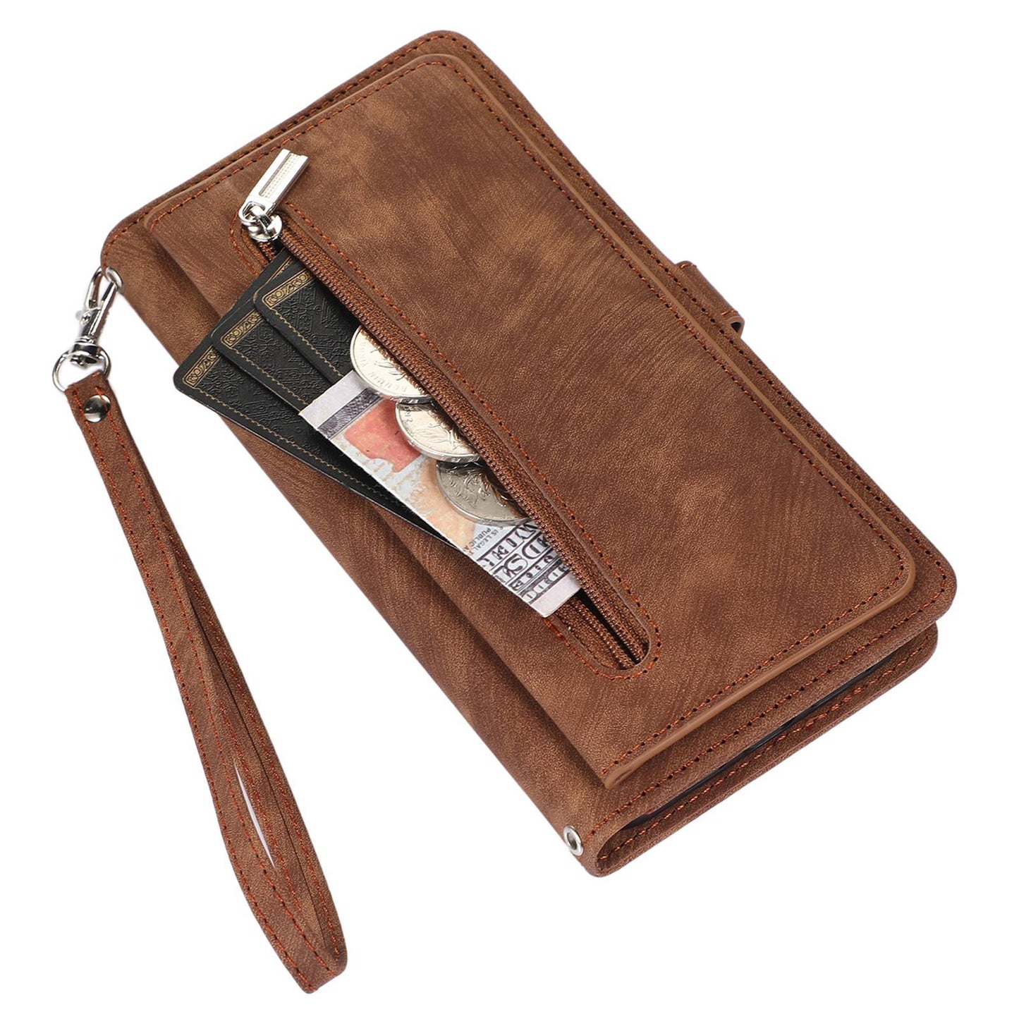 For iPhone 13 Pro 6.1 inch Zipper Pocket Wallet Flip Case 9 Card Slots PU Leather Stand Mobile Phone Shell with Wrist Strap