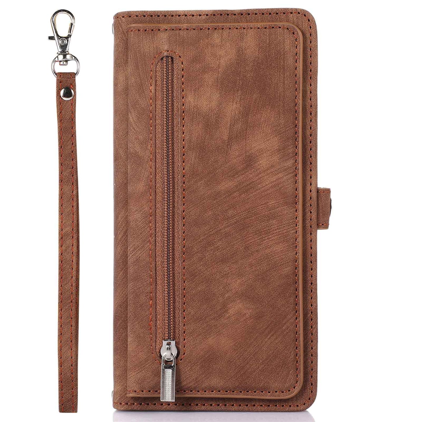 For iPhone 13 Pro 6.1 inch Zipper Pocket Wallet Flip Case 9 Card Slots PU Leather Stand Mobile Phone Shell with Wrist Strap