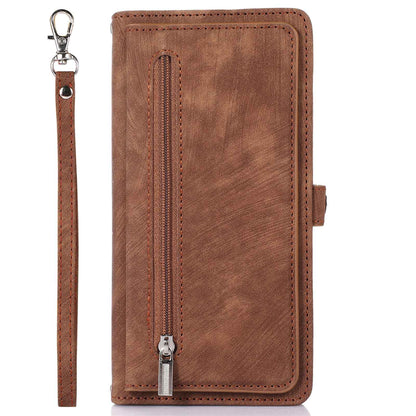 For iPhone 13 Pro 6.1 inch Zipper Pocket Wallet Flip Case 9 Card Slots PU Leather Stand Mobile Phone Shell with Wrist Strap