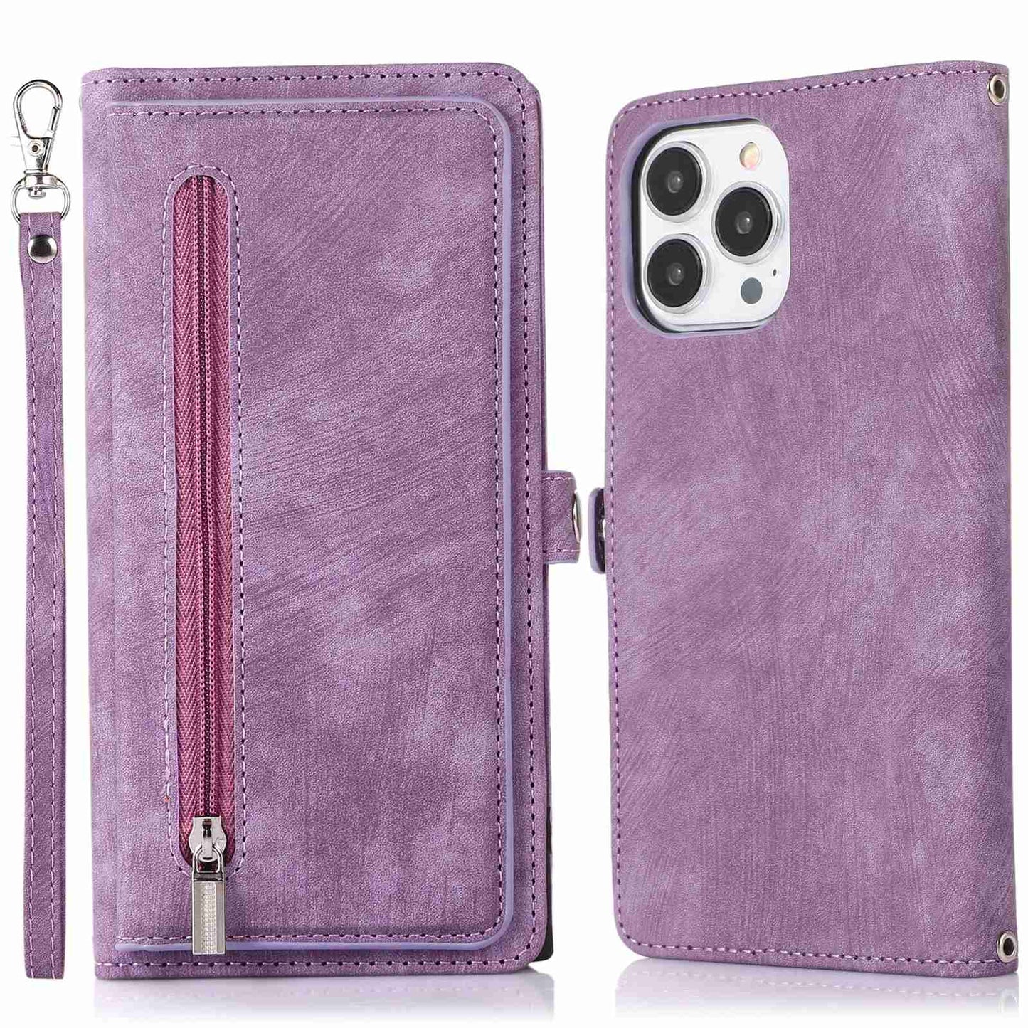 For iPhone 13 Pro 6.1 inch Zipper Pocket Wallet Flip Case 9 Card Slots PU Leather Stand Mobile Phone Shell with Wrist Strap