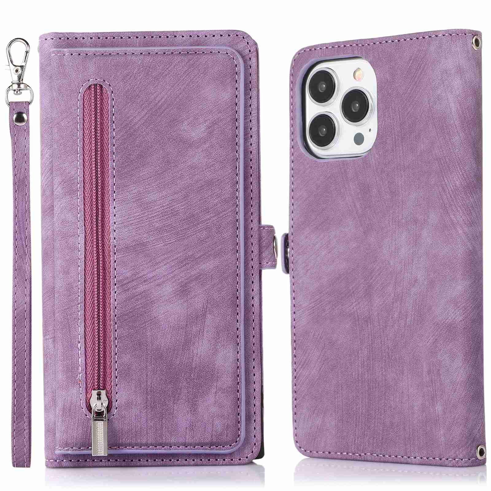 For iPhone 13 Pro 6.1 inch Zipper Pocket Wallet Flip Case 9 Card Slots PU Leather Stand Mobile Phone Shell with Wrist Strap