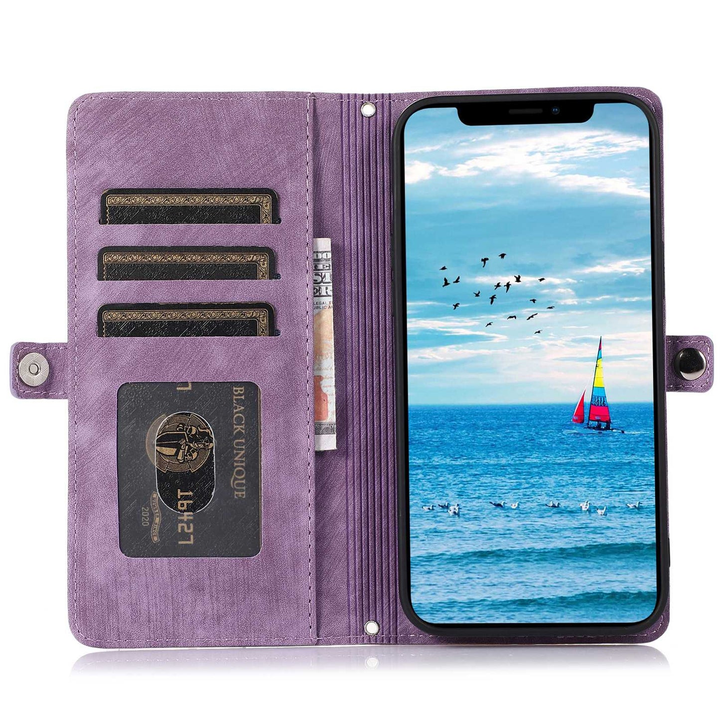 For iPhone 13 Pro 6.1 inch Zipper Pocket Wallet Flip Case 9 Card Slots PU Leather Stand Mobile Phone Shell with Wrist Strap