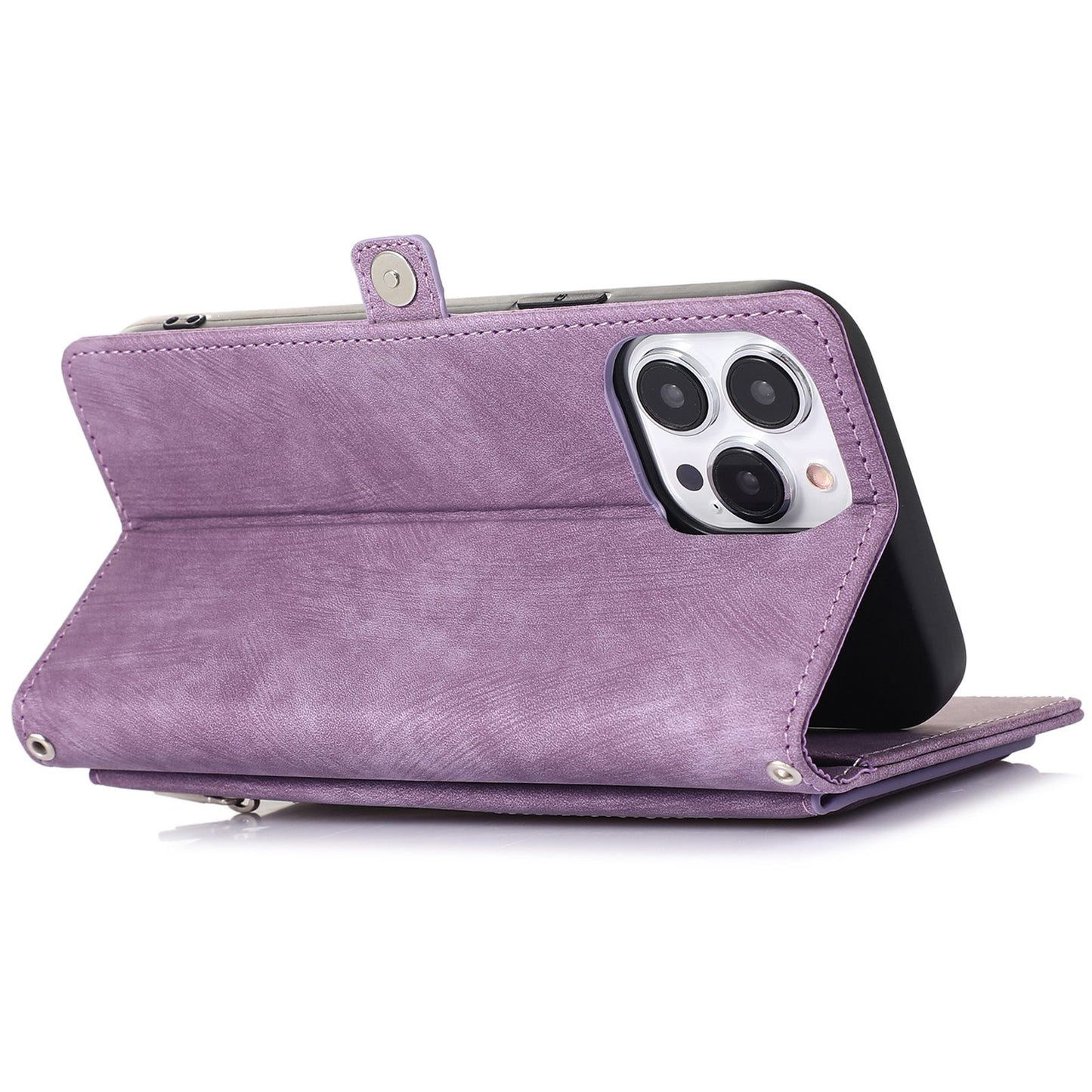 For iPhone 13 Pro 6.1 inch Zipper Pocket Wallet Flip Case 9 Card Slots PU Leather Stand Mobile Phone Shell with Wrist Strap