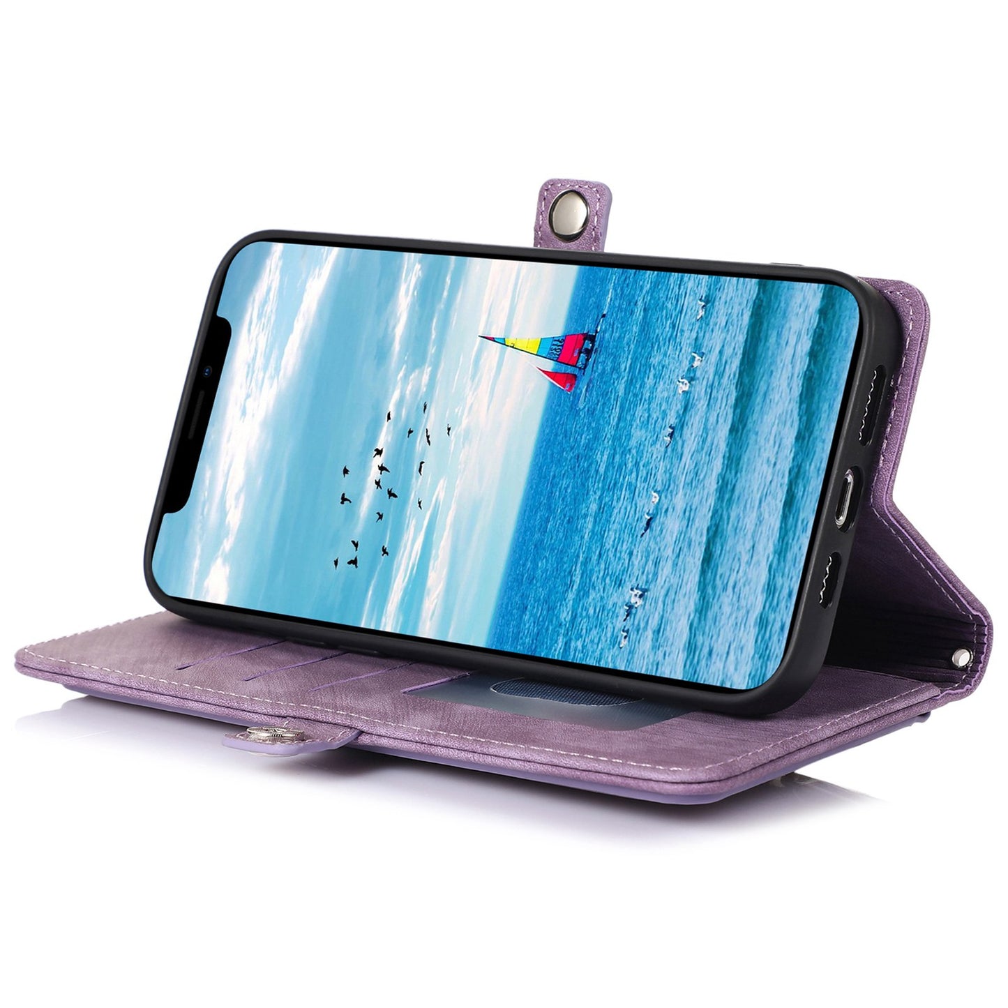 For iPhone 13 Pro 6.1 inch Zipper Pocket Wallet Flip Case 9 Card Slots PU Leather Stand Mobile Phone Shell with Wrist Strap