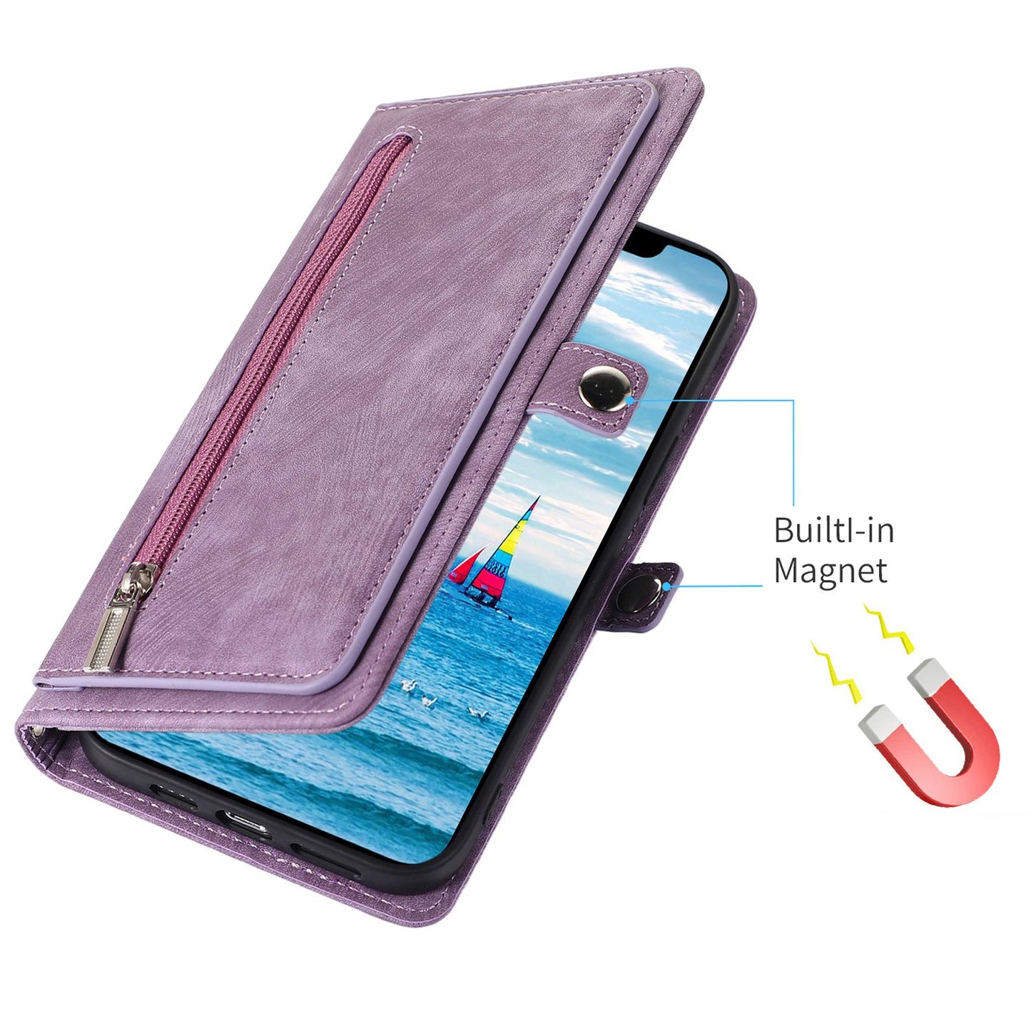 For iPhone 13 Pro 6.1 inch Zipper Pocket Wallet Flip Case 9 Card Slots PU Leather Stand Mobile Phone Shell with Wrist Strap