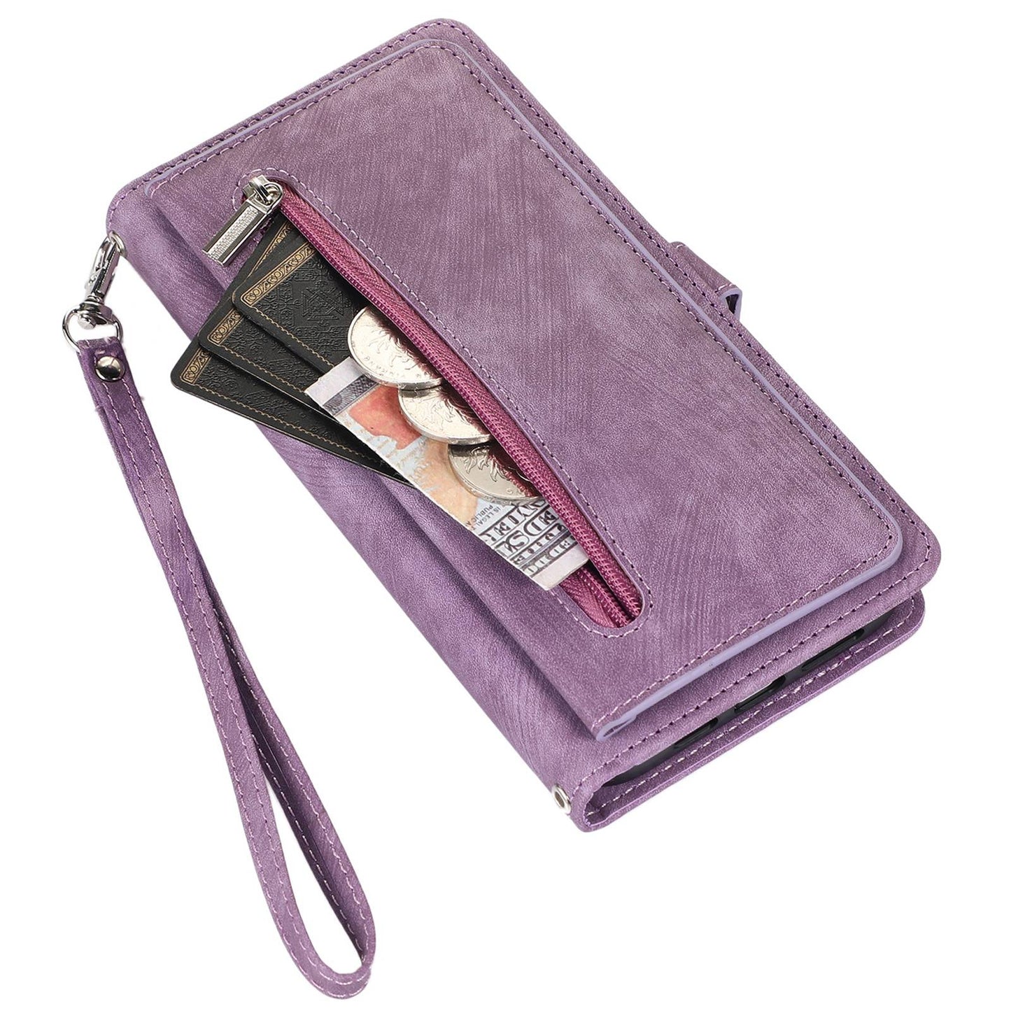 For iPhone 13 Pro 6.1 inch Zipper Pocket Wallet Flip Case 9 Card Slots PU Leather Stand Mobile Phone Shell with Wrist Strap