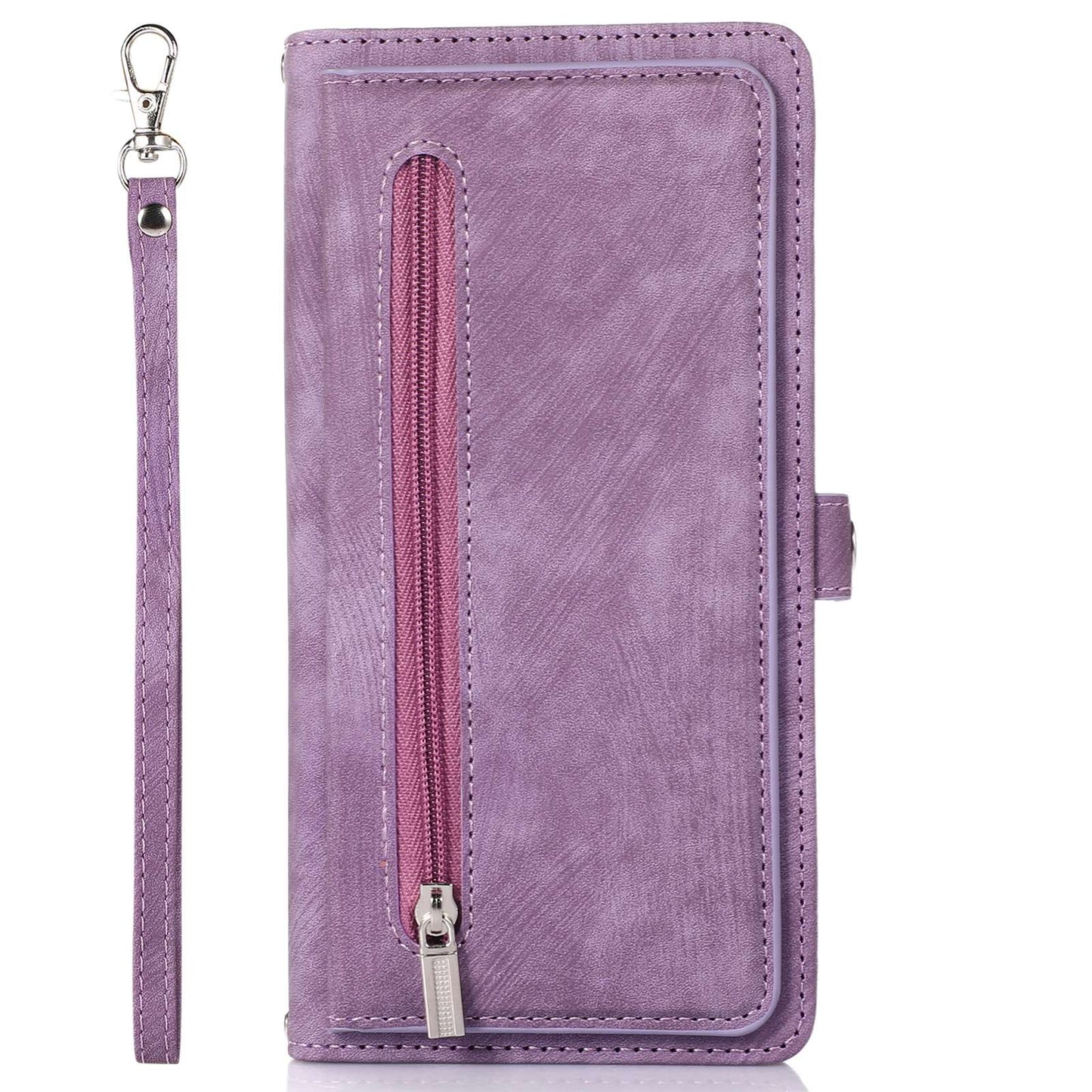 For iPhone 13 Pro 6.1 inch Zipper Pocket Wallet Flip Case 9 Card Slots PU Leather Stand Mobile Phone Shell with Wrist Strap