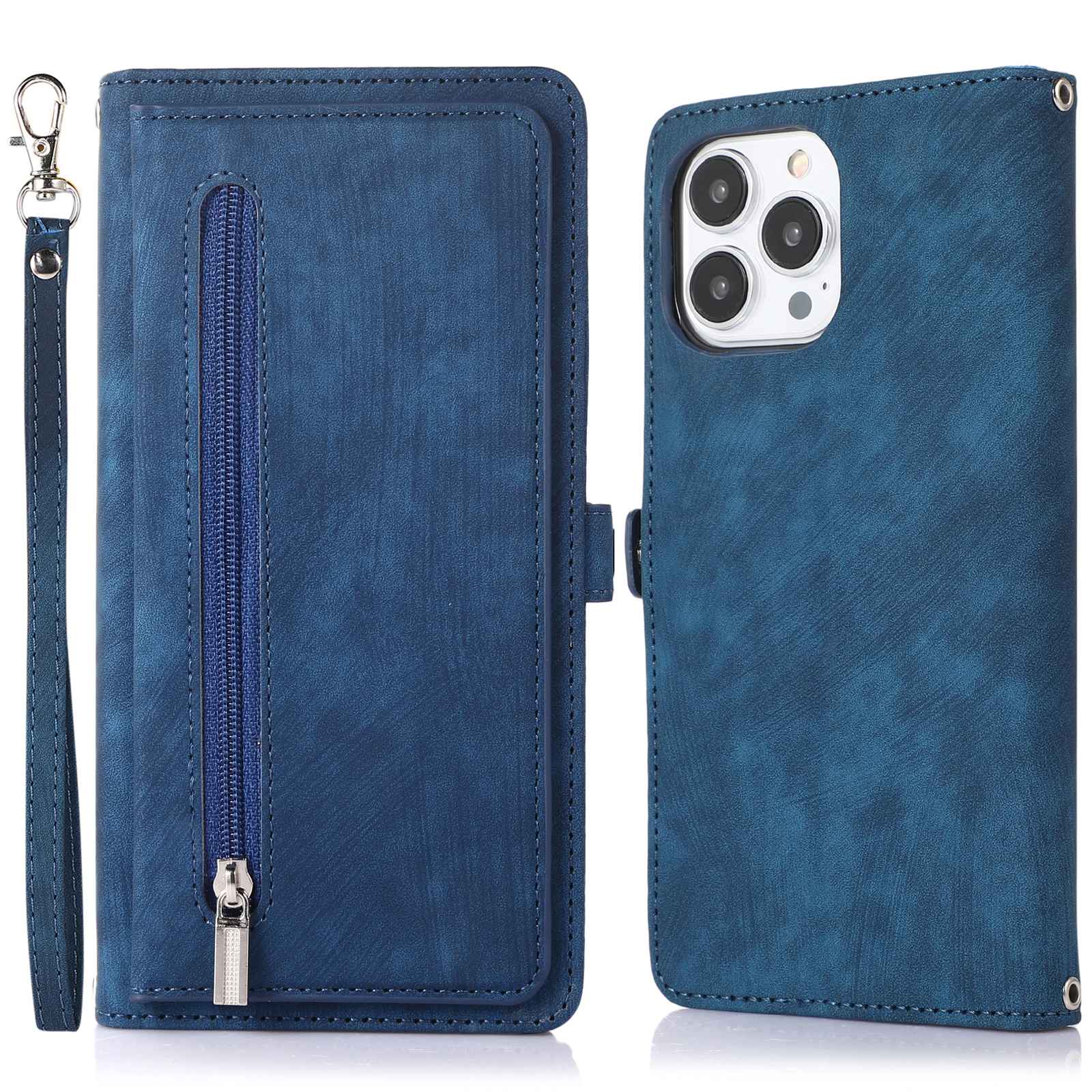 For iPhone 13 Pro 6.1 inch Zipper Pocket Wallet Flip Case 9 Card Slots PU Leather Stand Mobile Phone Shell with Wrist Strap