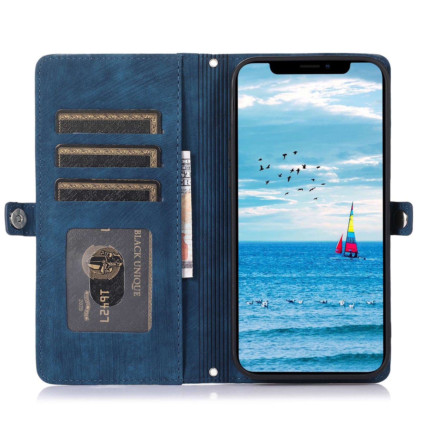 For iPhone 13 Pro 6.1 inch Zipper Pocket Wallet Flip Case 9 Card Slots PU Leather Stand Mobile Phone Shell with Wrist Strap
