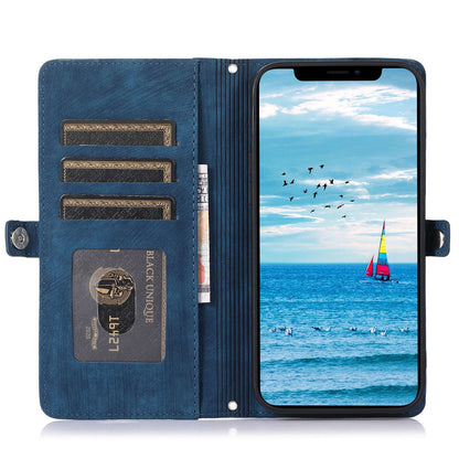 For iPhone 13 Pro 6.1 inch Zipper Pocket Wallet Flip Case 9 Card Slots PU Leather Stand Mobile Phone Shell with Wrist Strap