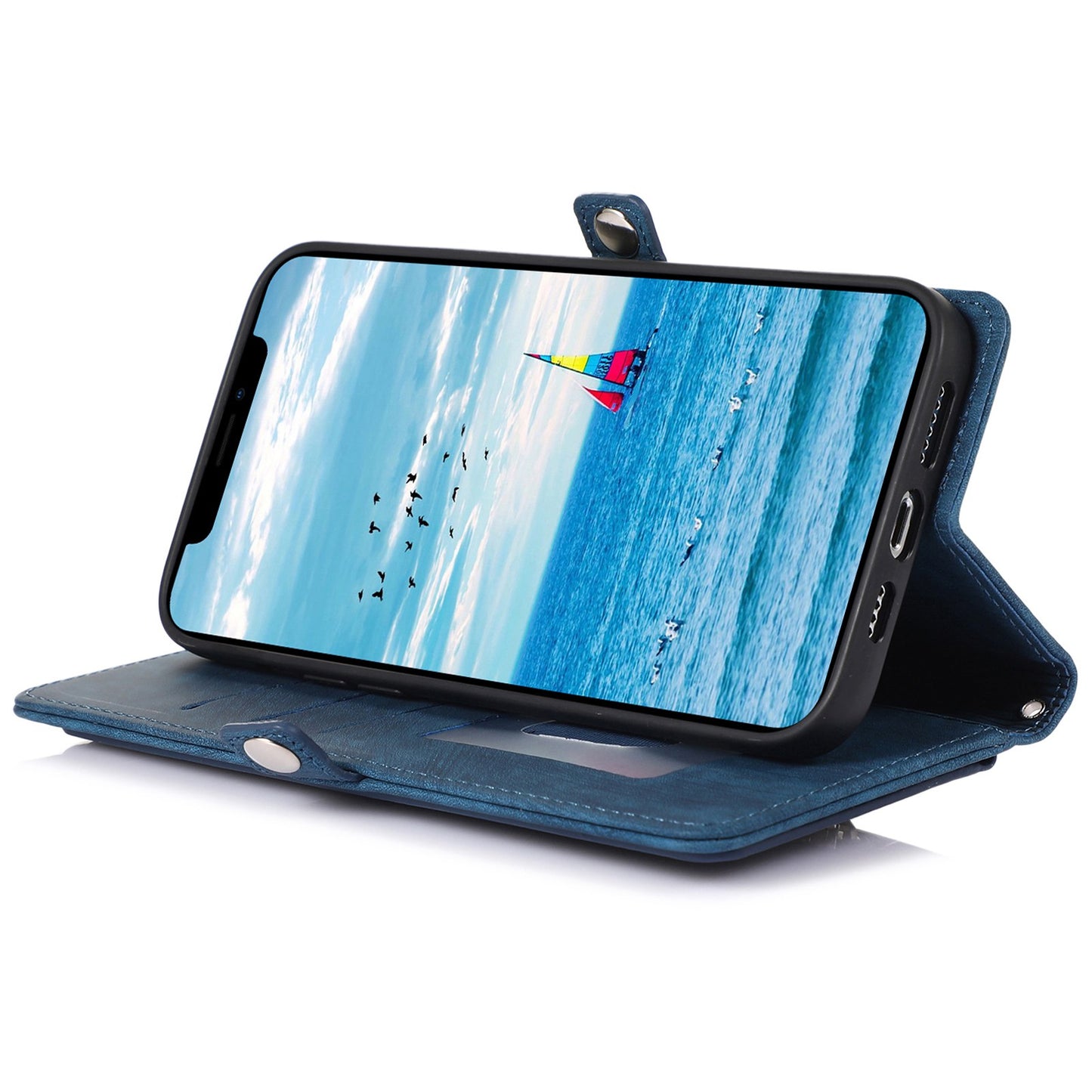 For iPhone 13 Pro 6.1 inch Zipper Pocket Wallet Flip Case 9 Card Slots PU Leather Stand Mobile Phone Shell with Wrist Strap