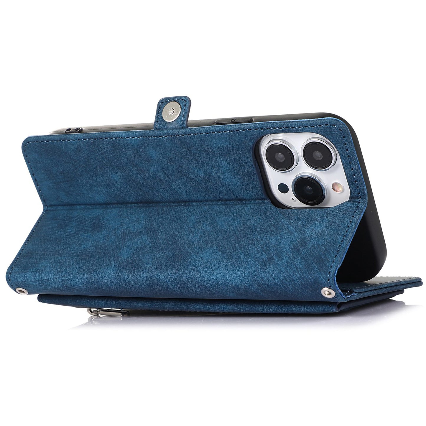 For iPhone 13 Pro 6.1 inch Zipper Pocket Wallet Flip Case 9 Card Slots PU Leather Stand Mobile Phone Shell with Wrist Strap