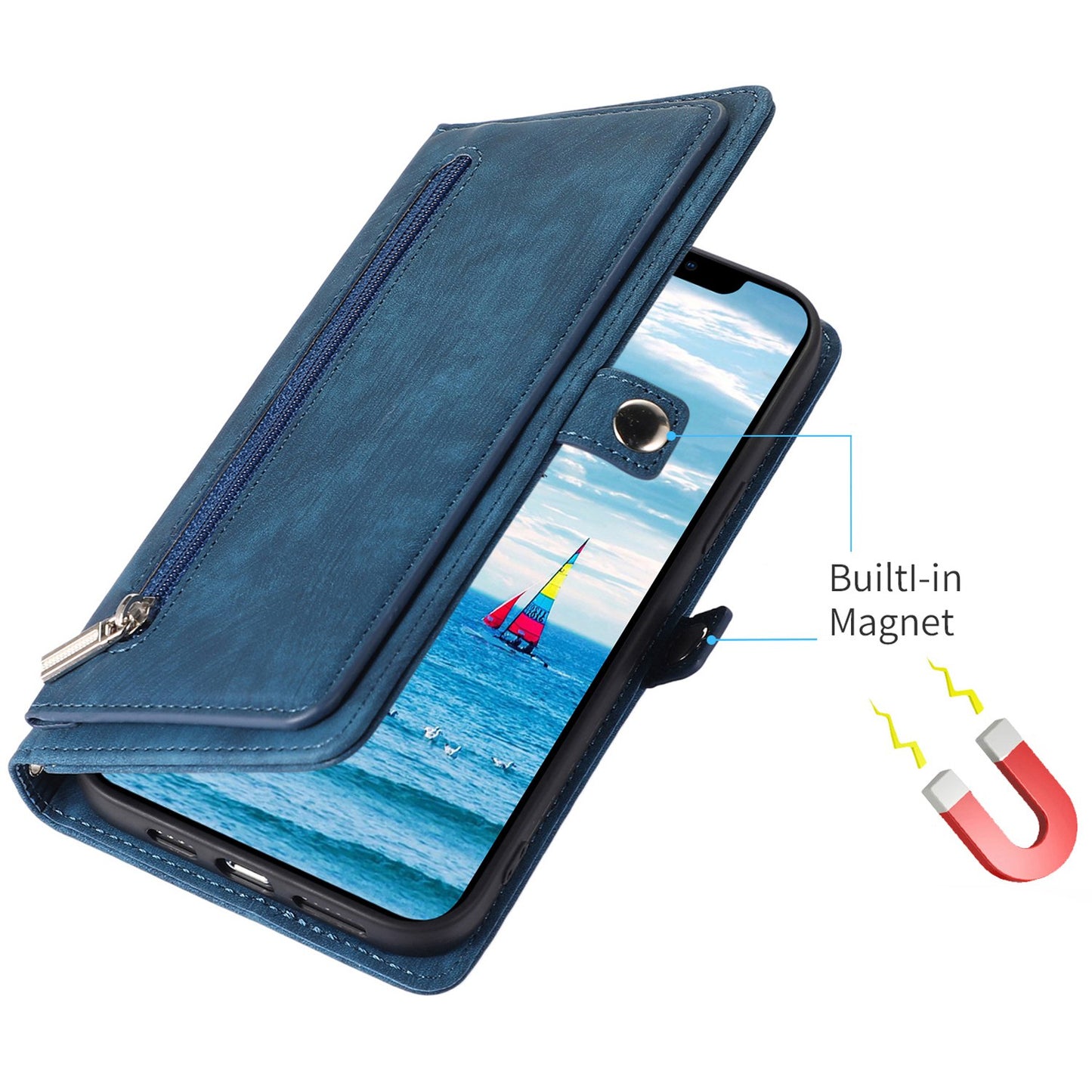 For iPhone 13 Pro 6.1 inch Zipper Pocket Wallet Flip Case 9 Card Slots PU Leather Stand Mobile Phone Shell with Wrist Strap