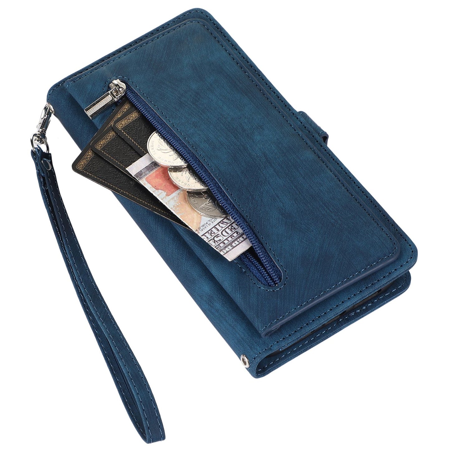 For iPhone 13 Pro 6.1 inch Zipper Pocket Wallet Flip Case 9 Card Slots PU Leather Stand Mobile Phone Shell with Wrist Strap