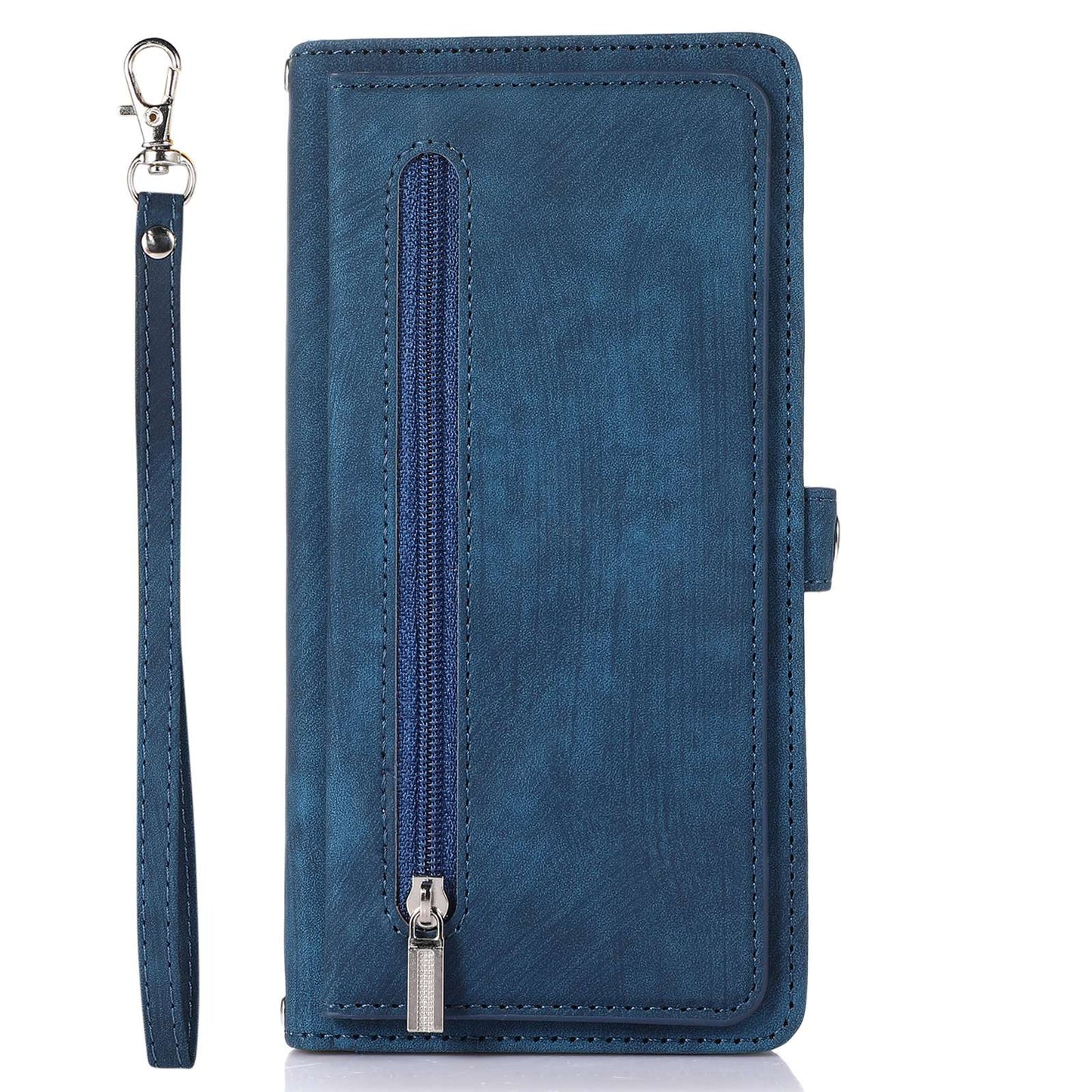 For iPhone 13 Pro 6.1 inch Zipper Pocket Wallet Flip Case 9 Card Slots PU Leather Stand Mobile Phone Shell with Wrist Strap