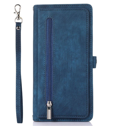 For iPhone 13 Pro 6.1 inch Zipper Pocket Wallet Flip Case 9 Card Slots PU Leather Stand Mobile Phone Shell with Wrist Strap
