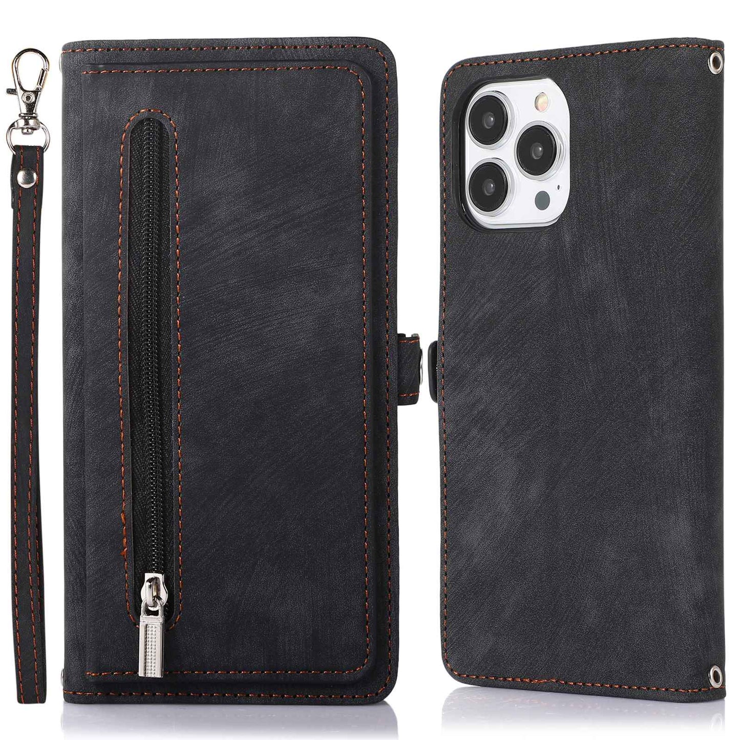 For iPhone 13 Pro 6.1 inch Zipper Pocket Wallet Flip Case 9 Card Slots PU Leather Stand Mobile Phone Shell with Wrist Strap