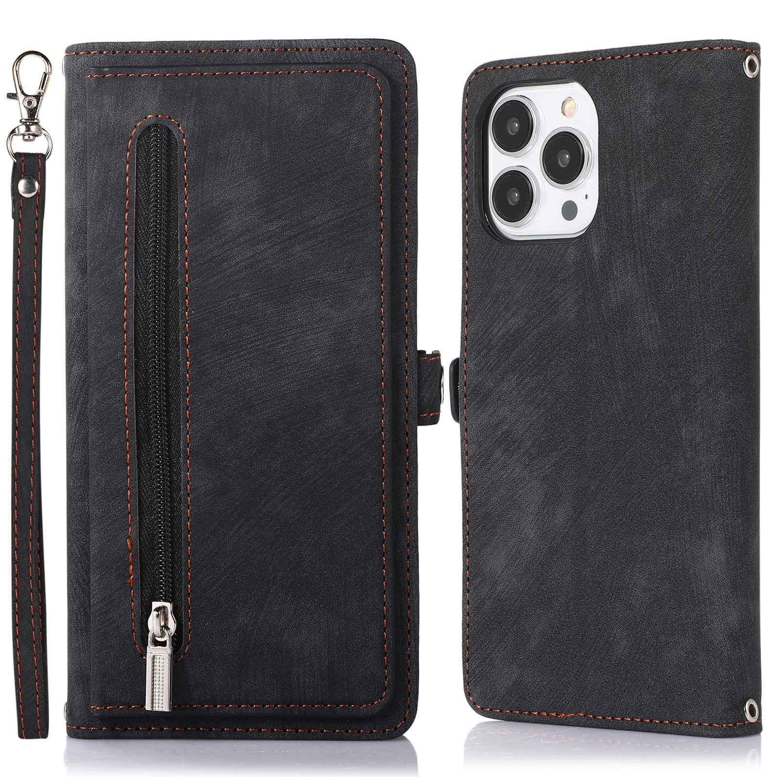For iPhone 13 Pro 6.1 inch Zipper Pocket Wallet Flip Case 9 Card Slots PU Leather Stand Mobile Phone Shell with Wrist Strap