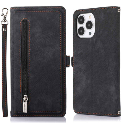 For iPhone 13 Pro 6.1 inch Zipper Pocket Wallet Flip Case 9 Card Slots PU Leather Stand Mobile Phone Shell with Wrist Strap