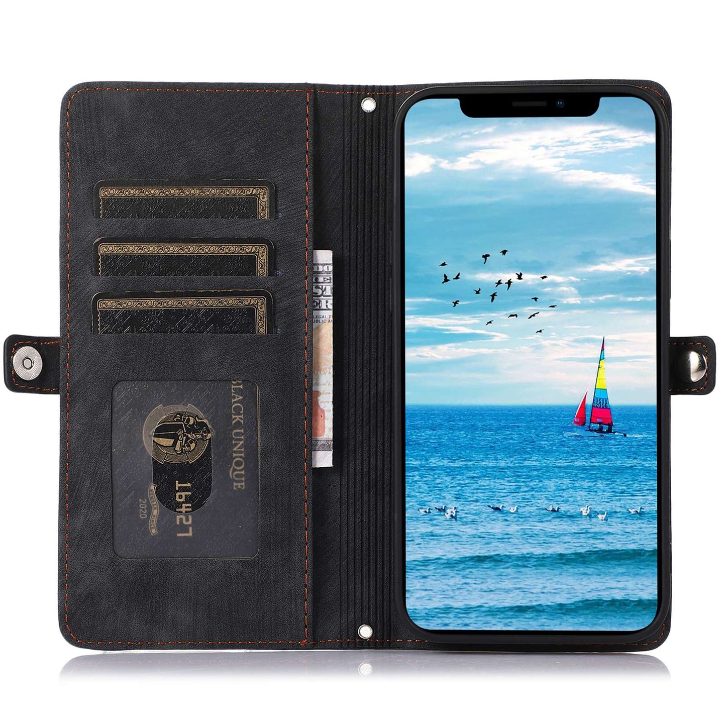 For iPhone 13 Pro 6.1 inch Zipper Pocket Wallet Flip Case 9 Card Slots PU Leather Stand Mobile Phone Shell with Wrist Strap