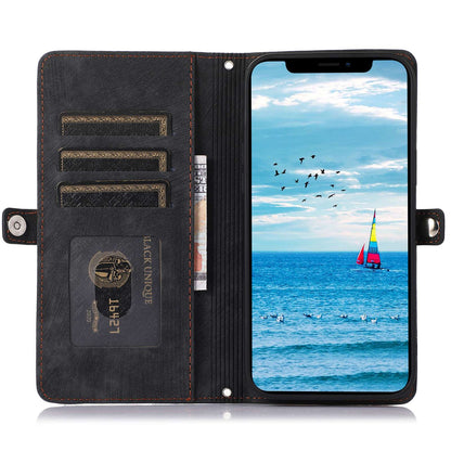 For iPhone 13 Pro 6.1 inch Zipper Pocket Wallet Flip Case 9 Card Slots PU Leather Stand Mobile Phone Shell with Wrist Strap