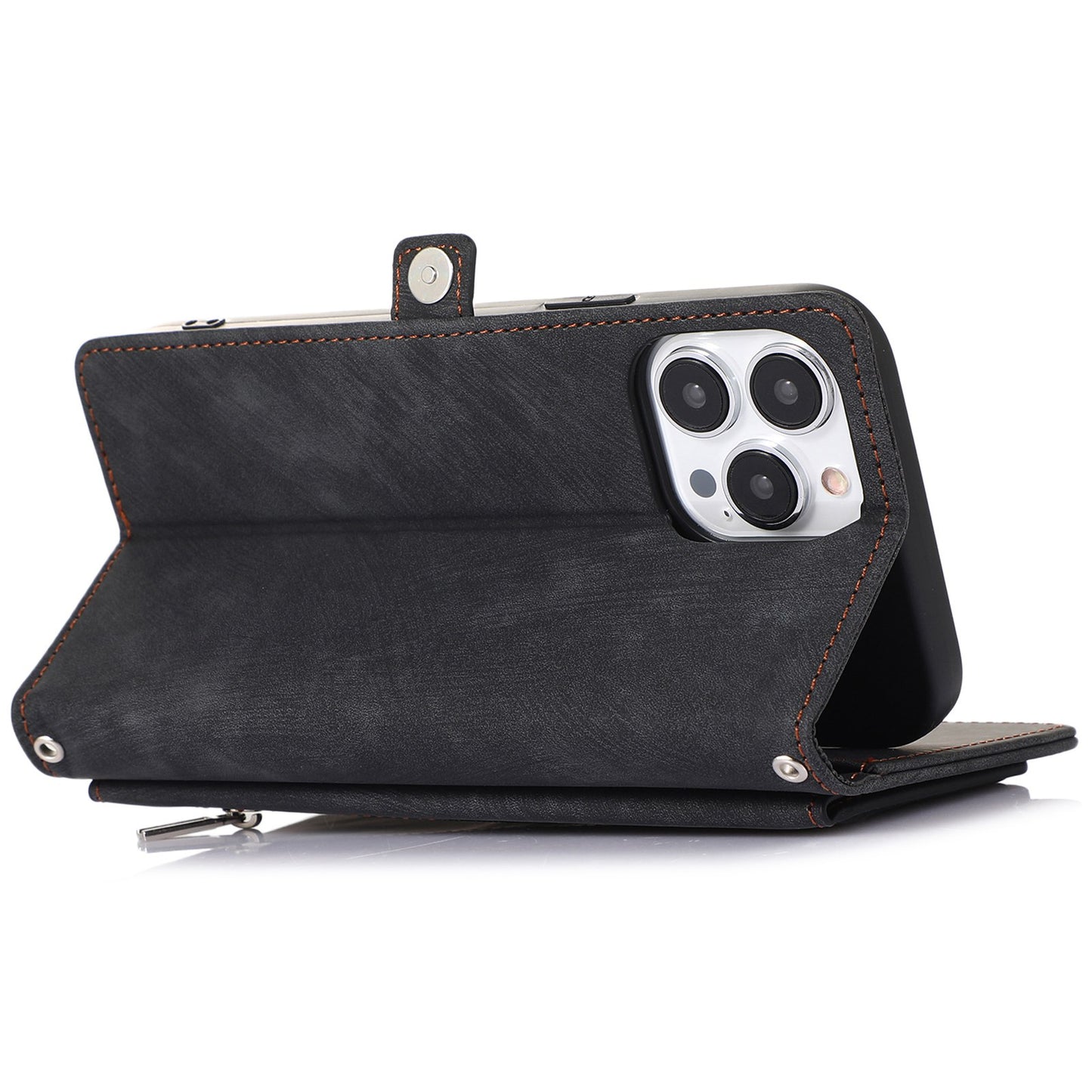 For iPhone 13 Pro 6.1 inch Zipper Pocket Wallet Flip Case 9 Card Slots PU Leather Stand Mobile Phone Shell with Wrist Strap