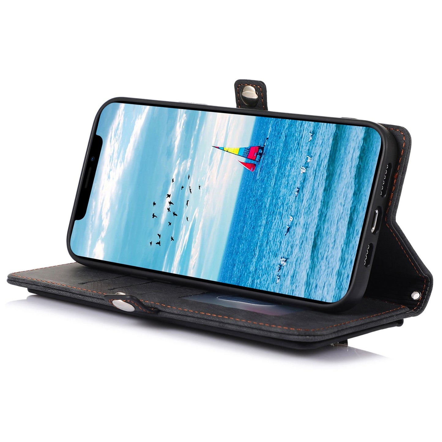 For iPhone 13 Pro 6.1 inch Zipper Pocket Wallet Flip Case 9 Card Slots PU Leather Stand Mobile Phone Shell with Wrist Strap