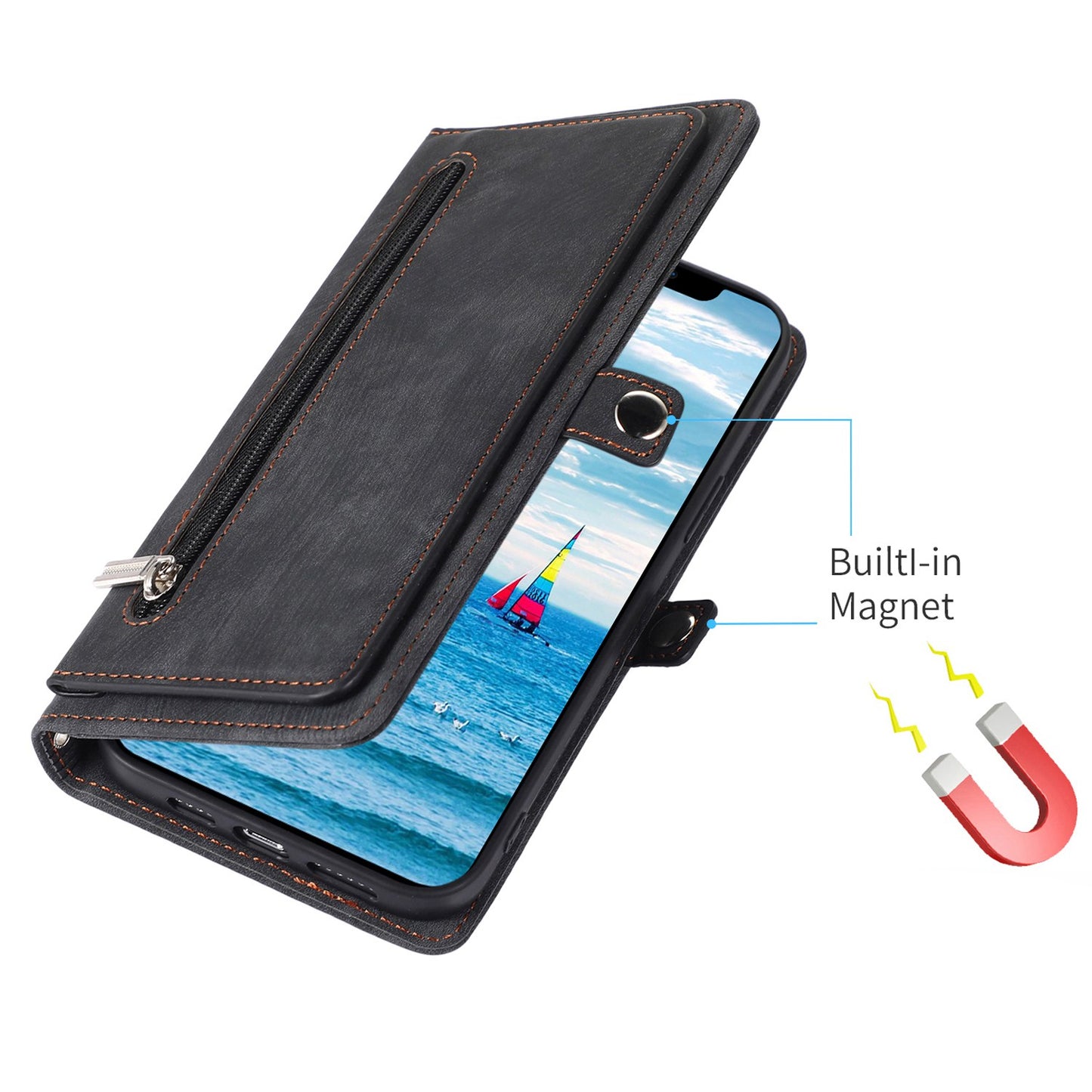 For iPhone 13 Pro 6.1 inch Zipper Pocket Wallet Flip Case 9 Card Slots PU Leather Stand Mobile Phone Shell with Wrist Strap