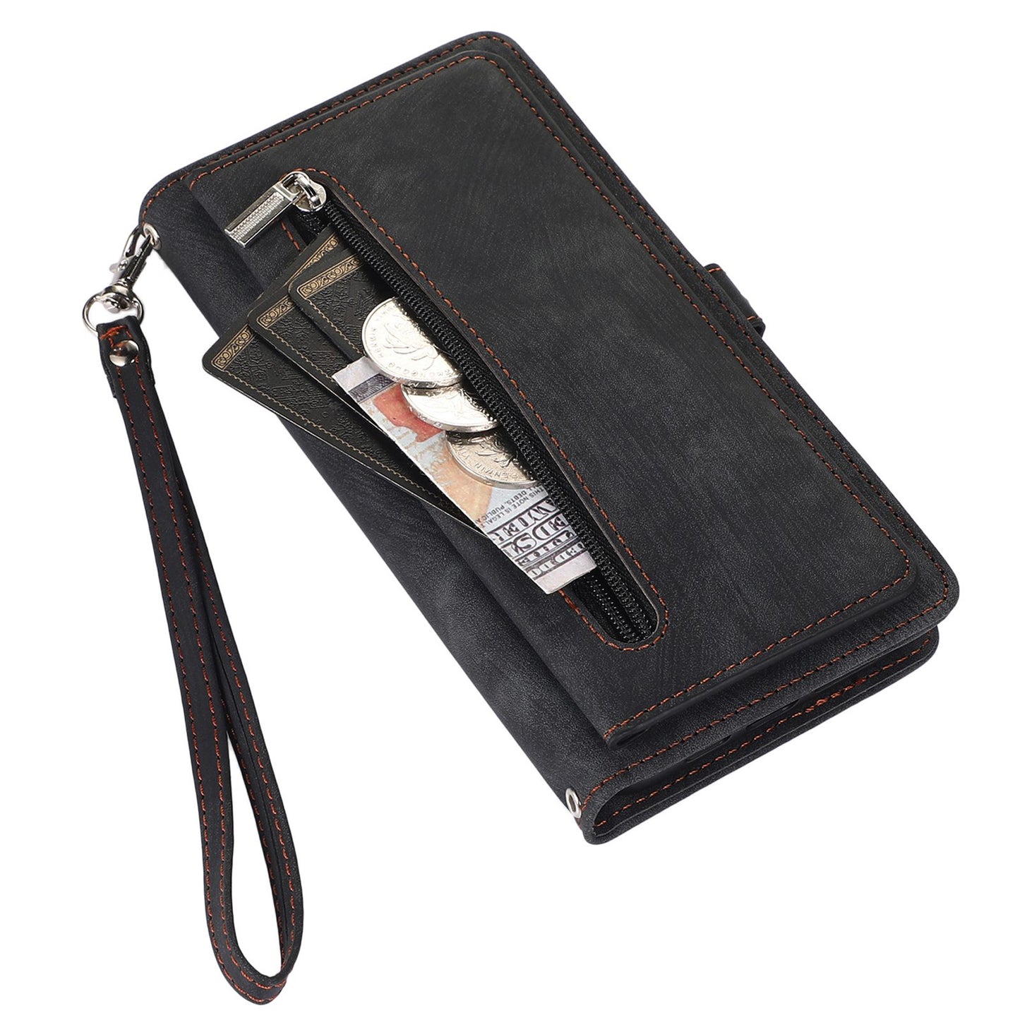 For iPhone 13 Pro 6.1 inch Zipper Pocket Wallet Flip Case 9 Card Slots PU Leather Stand Mobile Phone Shell with Wrist Strap