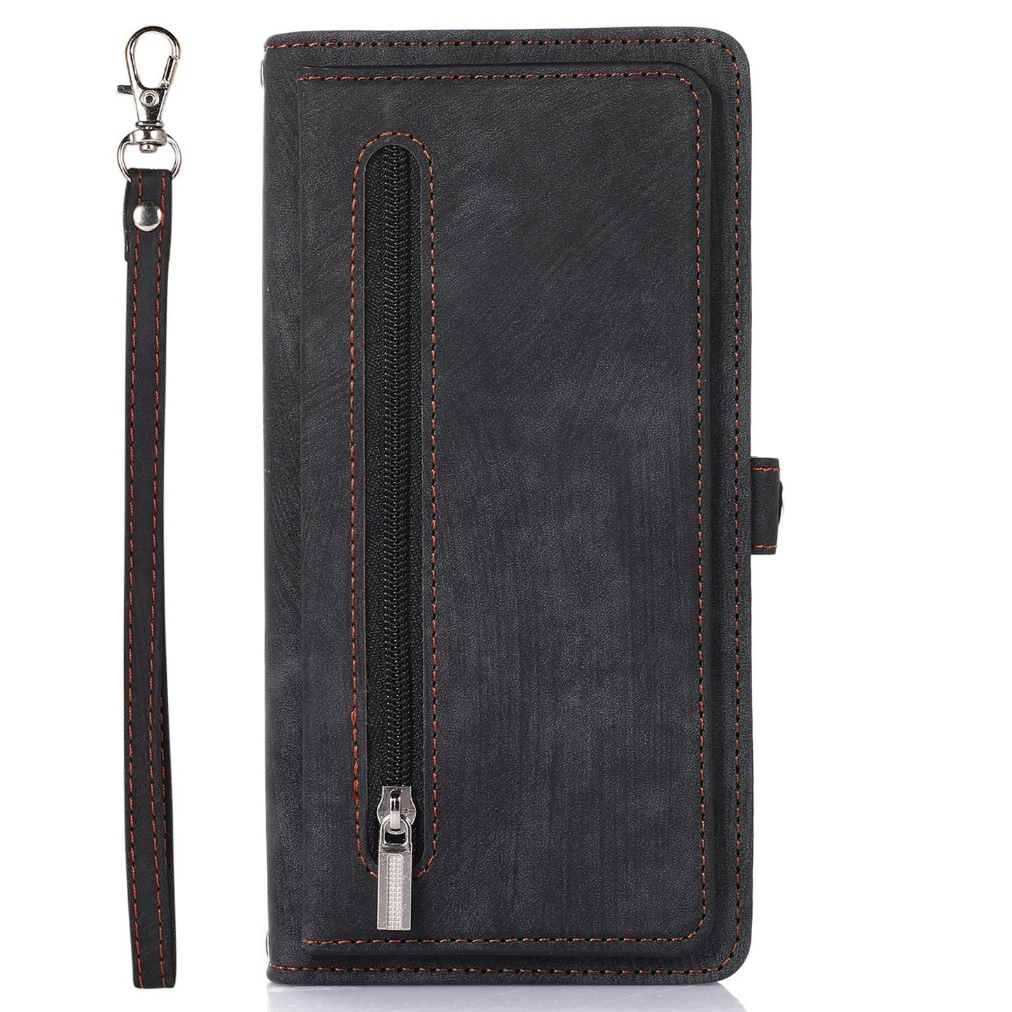 For iPhone 13 Pro 6.1 inch Zipper Pocket Wallet Flip Case 9 Card Slots PU Leather Stand Mobile Phone Shell with Wrist Strap