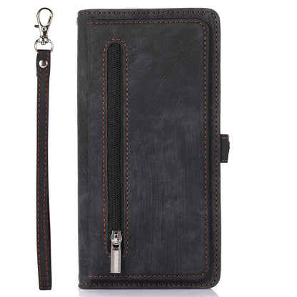 For iPhone 13 Pro 6.1 inch Zipper Pocket Wallet Flip Case 9 Card Slots PU Leather Stand Mobile Phone Shell with Wrist Strap
