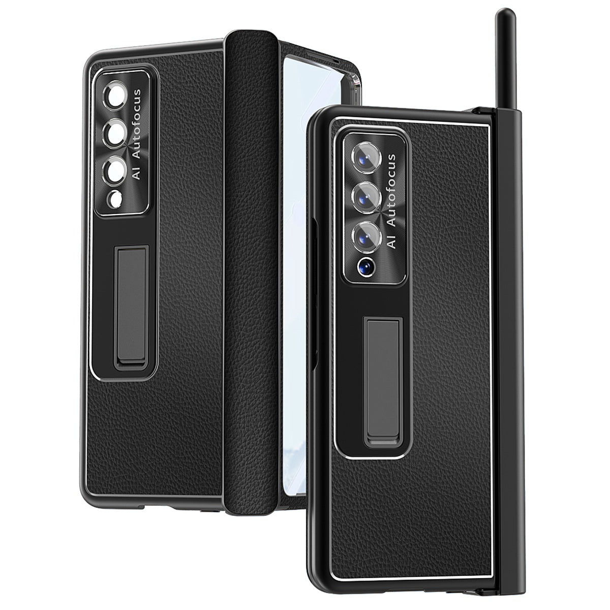 For Samsung Galaxy Z Fold3 5G Litchi Texture Phone Case Double Hinge Leather Coated PC Cover with Tempered Glass Film and Stylus Pen