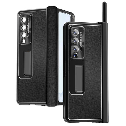For Samsung Galaxy Z Fold3 5G Litchi Texture Phone Case Double Hinge Leather Coated PC Cover with Tempered Glass Film and Stylus Pen