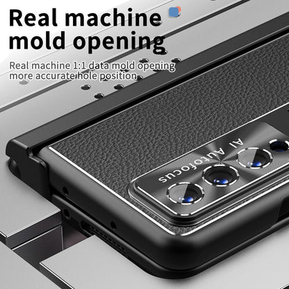 For Samsung Galaxy Z Fold3 5G Litchi Texture Phone Case Double Hinge Leather Coated PC Cover with Tempered Glass Film and Stylus Pen