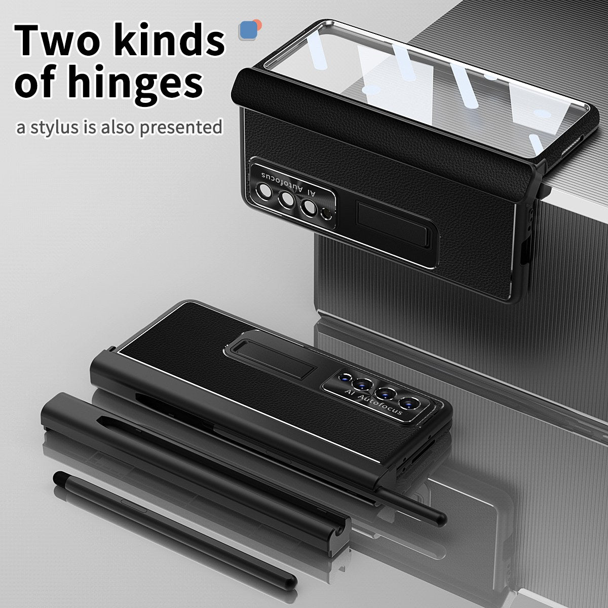 For Samsung Galaxy Z Fold3 5G Litchi Texture Phone Case Double Hinge Leather Coated PC Cover with Tempered Glass Film and Stylus Pen
