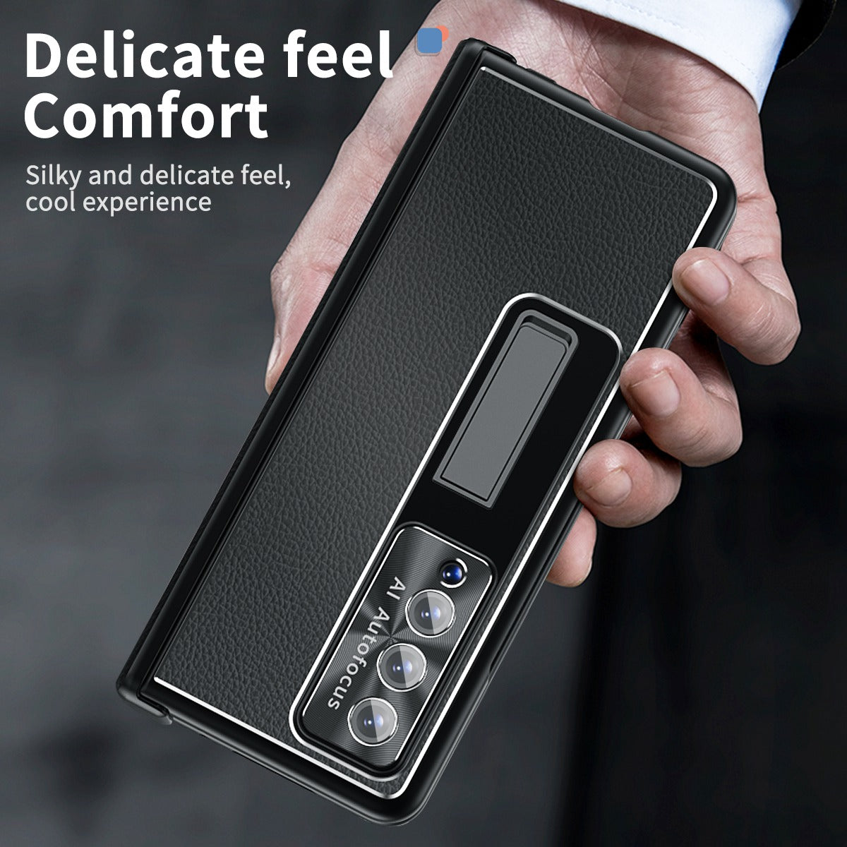 For Samsung Galaxy Z Fold3 5G Litchi Texture Phone Case Double Hinge Leather Coated PC Cover with Tempered Glass Film and Stylus Pen