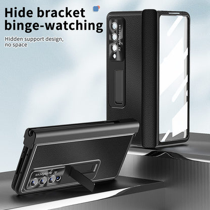 For Samsung Galaxy Z Fold3 5G Litchi Texture Phone Case Double Hinge Leather Coated PC Cover with Tempered Glass Film and Stylus Pen
