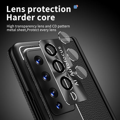 For Samsung Galaxy Z Fold3 5G Litchi Texture Phone Case Double Hinge Leather Coated PC Cover with Tempered Glass Film and Stylus Pen