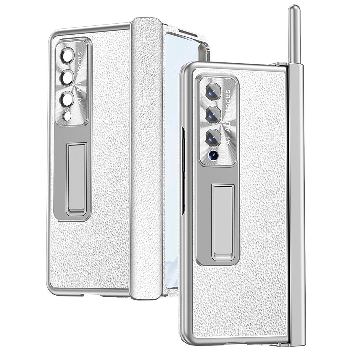For Samsung Galaxy Z Fold3 5G Litchi Texture Phone Case Double Hinge Leather Coated PC Cover with Tempered Glass Film and Stylus Pen