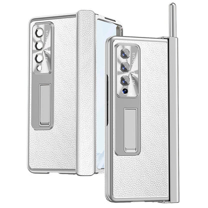 For Samsung Galaxy Z Fold3 5G Litchi Texture Phone Case Double Hinge Leather Coated PC Cover with Tempered Glass Film and Stylus Pen