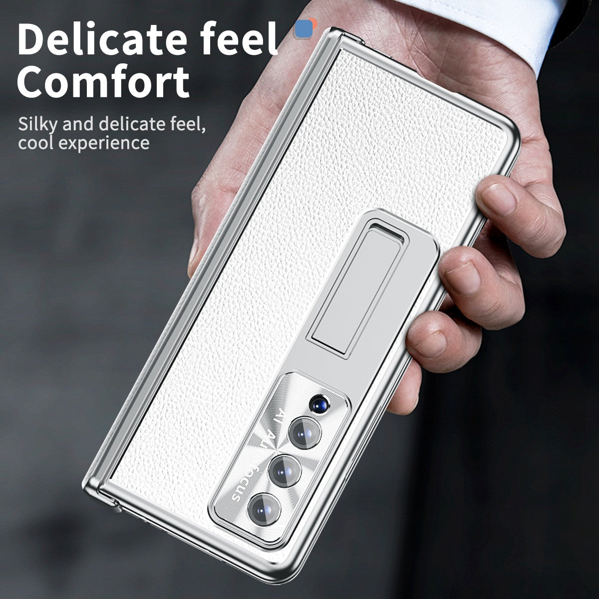 For Samsung Galaxy Z Fold3 5G Litchi Texture Phone Case Double Hinge Leather Coated PC Cover with Tempered Glass Film and Stylus Pen