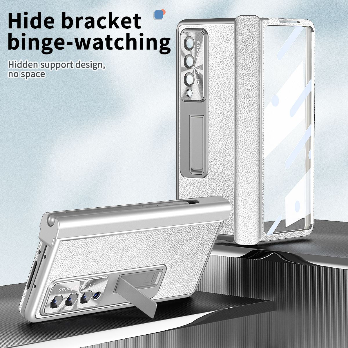 For Samsung Galaxy Z Fold3 5G Litchi Texture Phone Case Double Hinge Leather Coated PC Cover with Tempered Glass Film and Stylus Pen