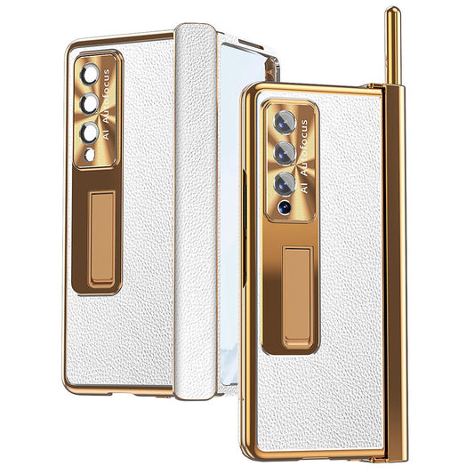For Samsung Galaxy Z Fold3 5G Litchi Texture Phone Case Double Hinge Leather Coated PC Cover with Tempered Glass Film and Stylus Pen