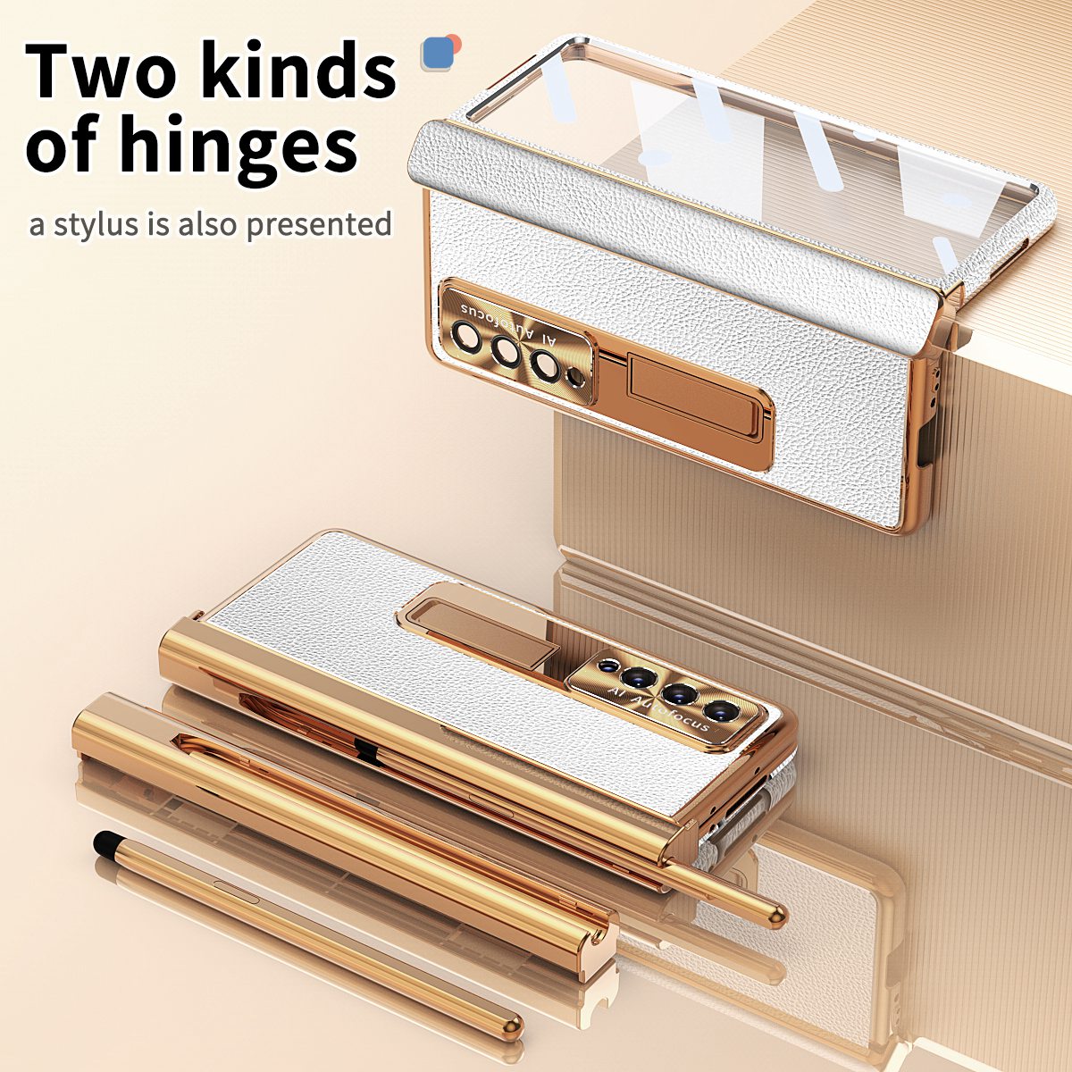 For Samsung Galaxy Z Fold3 5G Litchi Texture Phone Case Double Hinge Leather Coated PC Cover with Tempered Glass Film and Stylus Pen