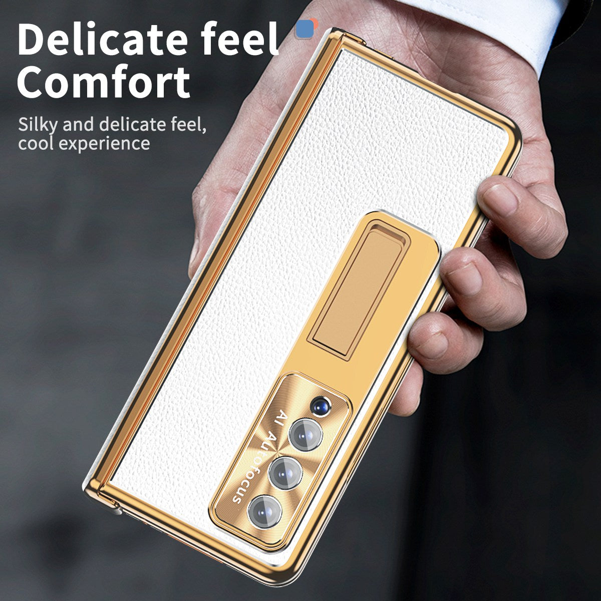 For Samsung Galaxy Z Fold3 5G Litchi Texture Phone Case Double Hinge Leather Coated PC Cover with Tempered Glass Film and Stylus Pen