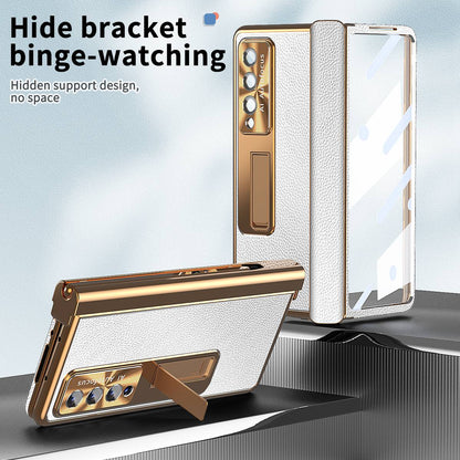 For Samsung Galaxy Z Fold3 5G Litchi Texture Phone Case Double Hinge Leather Coated PC Cover with Tempered Glass Film and Stylus Pen