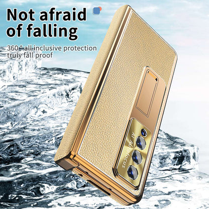 For Samsung Galaxy Z Fold3 5G Litchi Texture Phone Case Double Hinge Leather Coated PC Cover with Tempered Glass Film and Stylus Pen